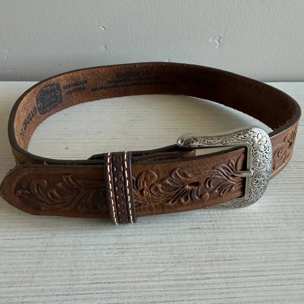 Tony Lama Kids Toddler Tooled Leather Brown Belt with Silver Buckle Cowboy
